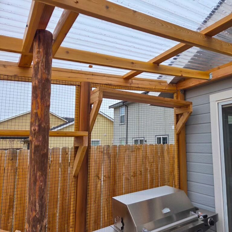Interior catio view showing a clear polycarbonate roof, natural log post, and wooden shelves above a stainless steel grill.
