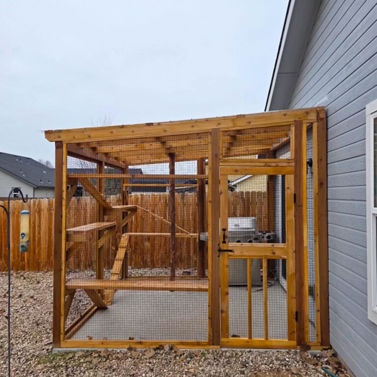 Front view of a custom catio attached to a house with wooden framing, mesh walls, and a secure entry door.