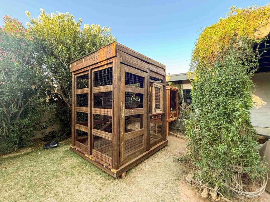 Dark-stained wooden catio with mesh panels surrounded by greenery and landscaping.