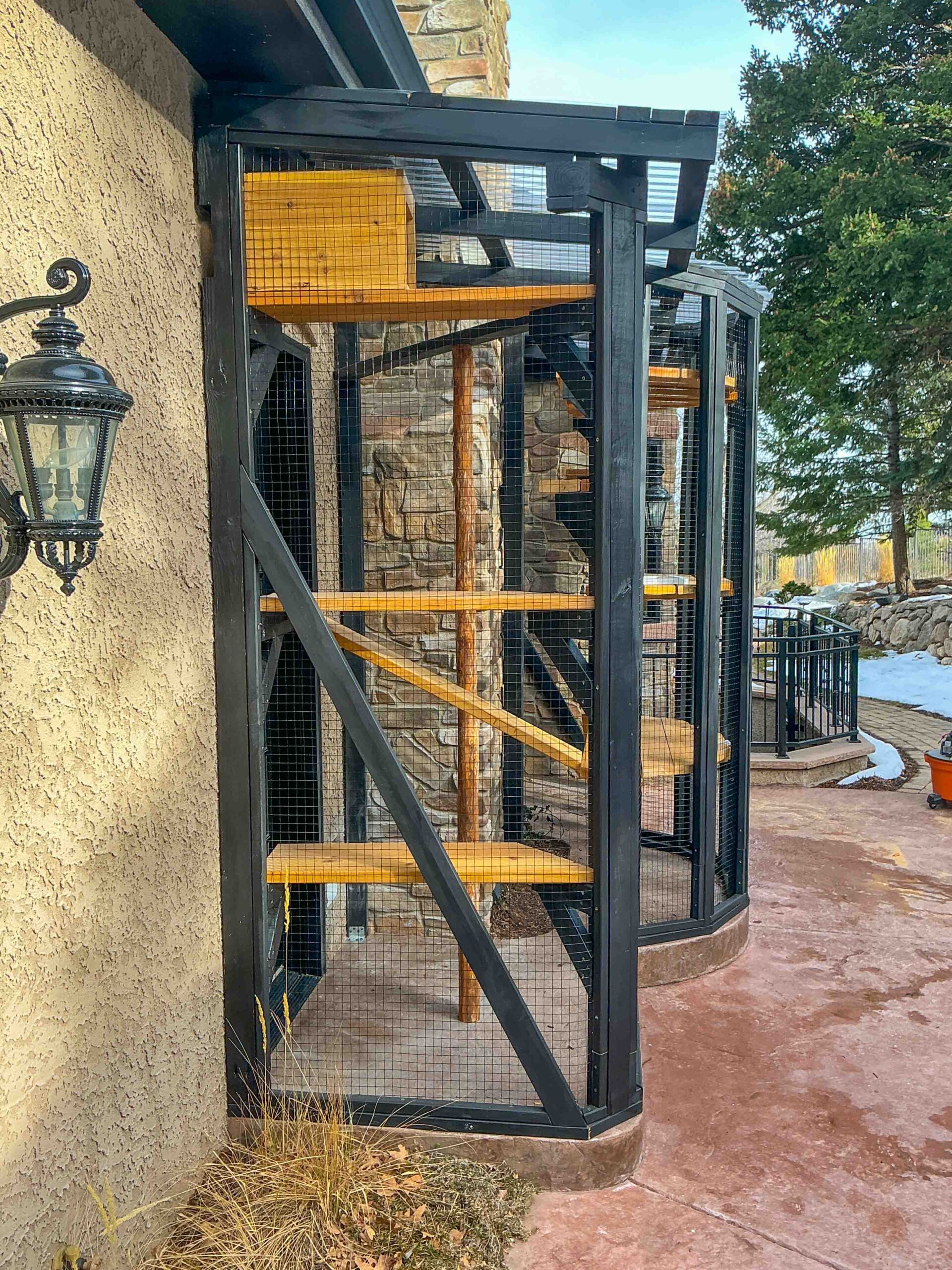 Tall custom catio attached to a stone home with black framing, wire mesh panels, and multiple natural wood platforms for climbing and lounging.