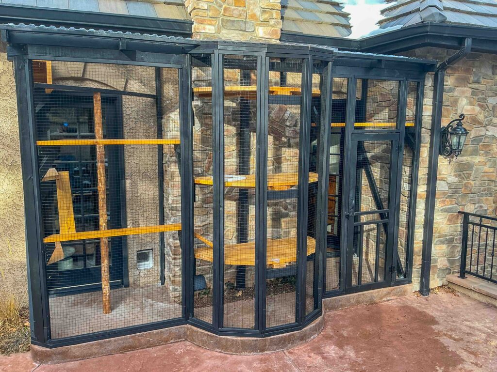 Exterior view of a large custom catio attached to a stone home in Brighton, Colorado with black framing, wire mesh panels, cedar shelving, and a secure access door.