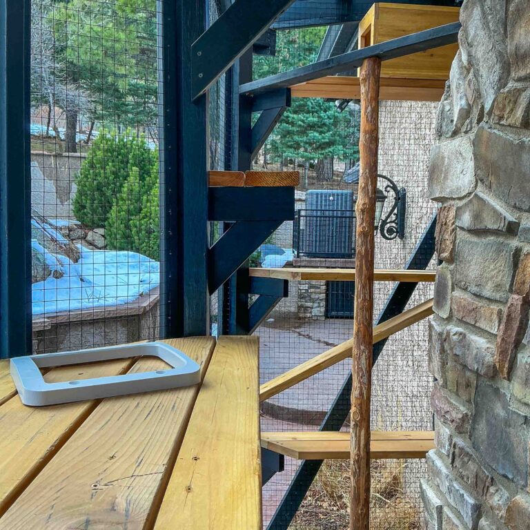 Close-up of catio climbing shelves and natural wood posts inside a secure wire mesh enclosure attached to a stone wall.