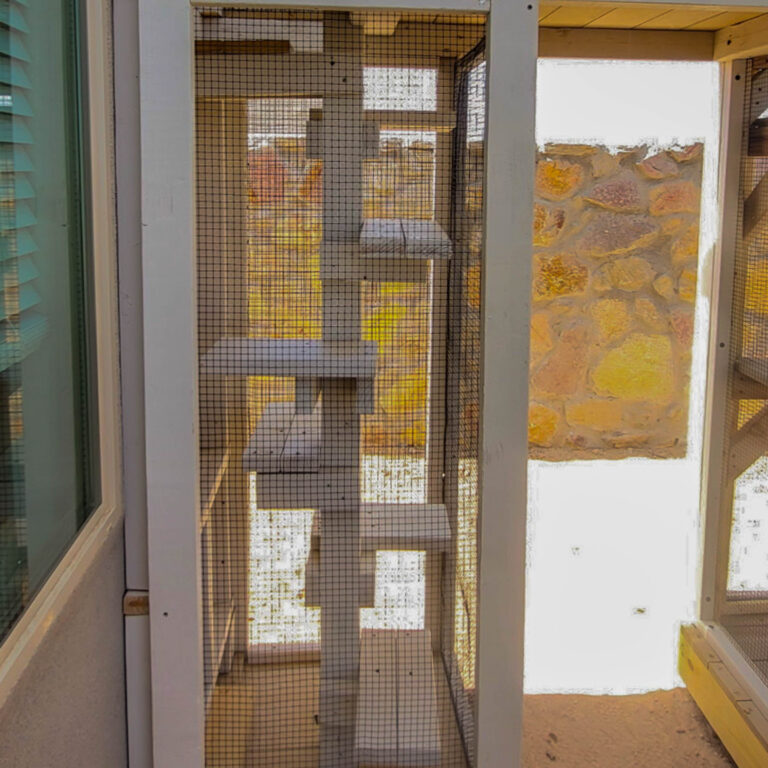 Vertical climbing shelves installed inside a narrow custom catio corridor.