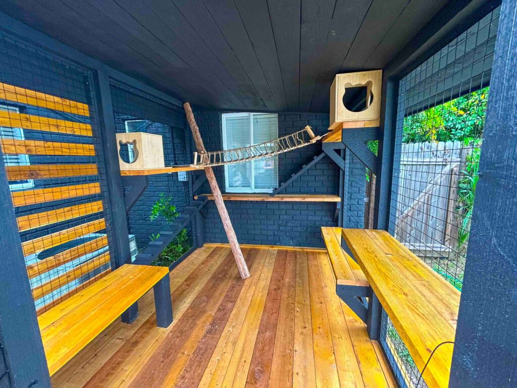 Interior view of a custom catio in Anderson, CA with dark painted brick backdrop, natural wood flooring, long cedar bench-style perches, enclosed cat cubby boxes with cat-shaped cutouts, rope bridge walkway, vertical climbing branch, and multi-level wall shelves inside a secure mesh enclosure.