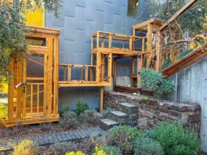 Large custom multi-level catio system with elevated walkways, enclosed tunnels, and connected towers built against a modern home exterior, featuring secure wire mesh, wooden framing, and landscaped surroundings.