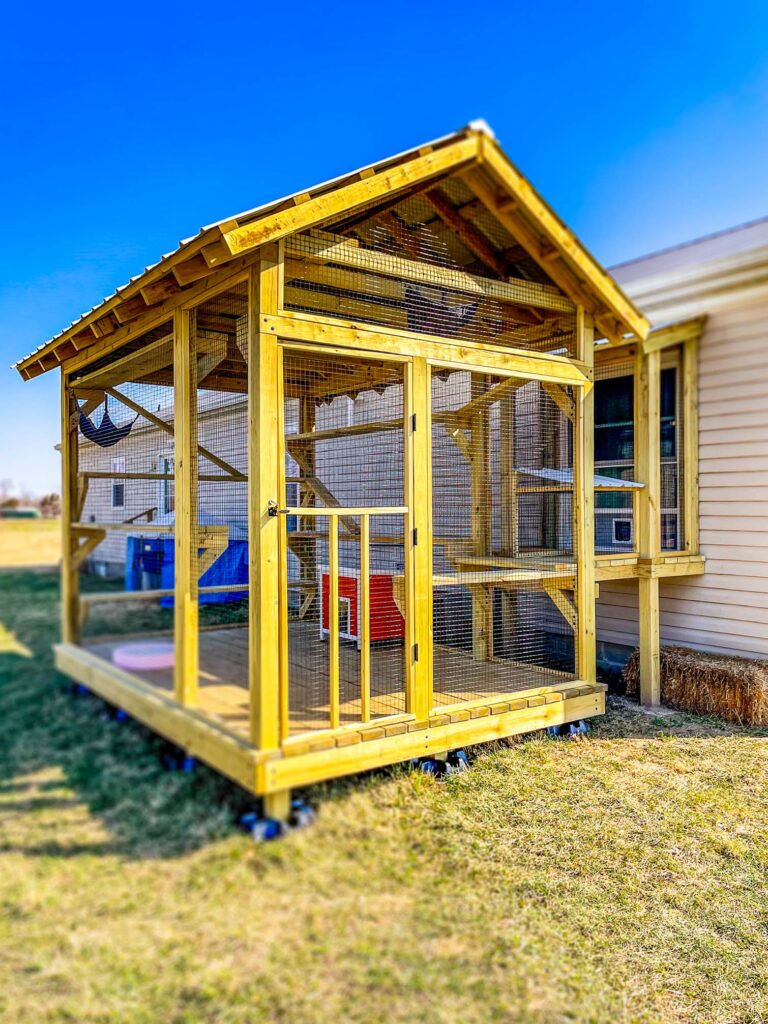 Custom-built wooden catio in Alturas, CA with a gable-style roof, elevated foundation, and secure wire mesh walls attached to the side of a home. The spacious enclosure includes interior climbing shelves, ramps, a hanging hammock, and a window entry access point, set against an open grassy yard under a bright blue sky.