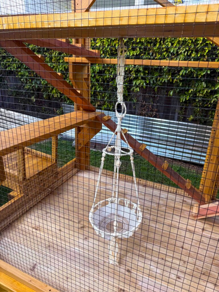 Interior view of a custom wooden catio in Rocklin, CA featuring a natural cedar frame, black wire mesh enclosure, elevated wooden platforms, angled climbing ramps with traction slats, and a suspended macramé hanging cat bed over a spacious wooden deck floor.
