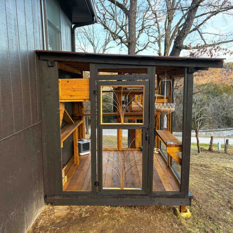 Front view of attached ground-level custom catio with framed screen door, cedar interior shelving, multiple climbing ramps, and full mesh walls overlooking a scenic yard.