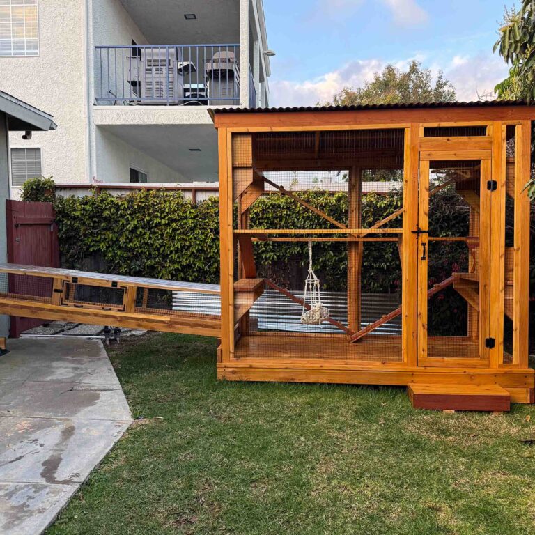 Side profile of a handcrafted wooden catio with corrugated metal roofing, walk-in access door, interior hammock swing, and elevated cat tunnel connecting to the house.