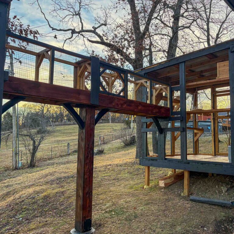 Elevated enclosed catwalk bridge supported by thick cedar posts and charcoal brackets, connecting a raised tower to a large attached catio enclosure.