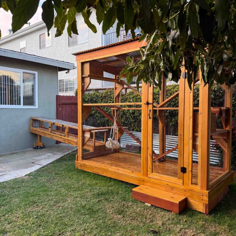 Wide backyard view of a custom-built wooden catio enclosure with secure mesh walls, hinged access door, interior climbing shelves, and an attached cat tunnel extending from a house window.
