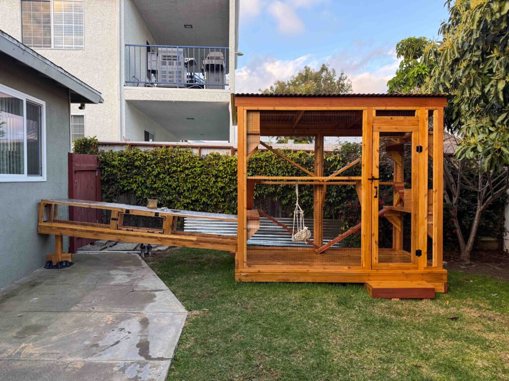 Full view of a large custom-built cedar catio in San Pedro, CA with corrugated roofing, secure mesh walls, climbing ramps, multiple shelves, a hanging cat hammock, and an attached elevated tunnel leading from the house.