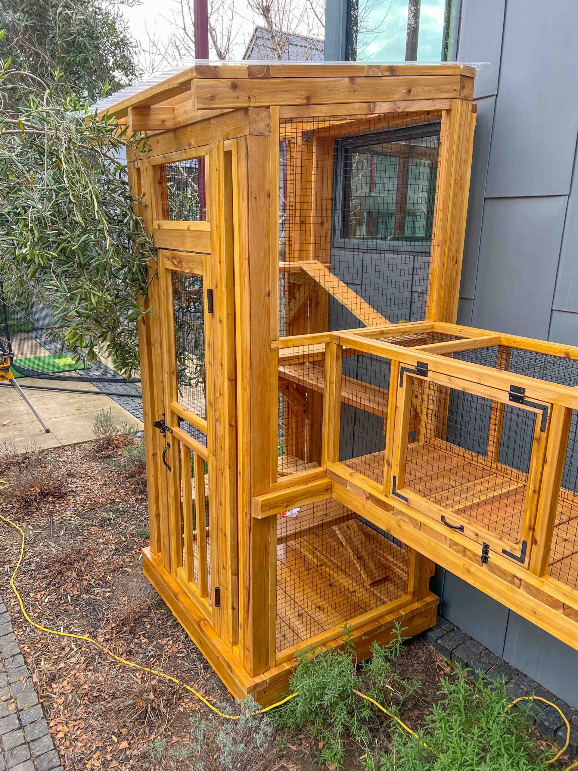 Custom-built wooden catio tower with secure wire mesh panels, a sloped polycarbonate roof, and multiple interior platforms, connected directly to a home exterior and surrounded by landscaped plants for a safe outdoor cat experience.