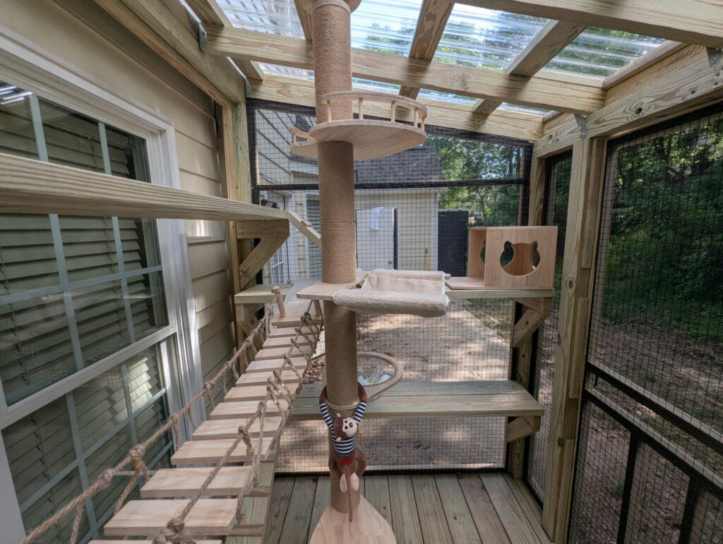 Interior view of a custom-built wooden catio in Petaluma, CA featuring a central floor-to-ceiling scratching post wrapped in sisal rope, multiple staggered wooden platforms, a suspended rope bridge, a soft hammock perch, and a small enclosed wooden hideout box, all enclosed with black wire mesh and covered by a clear polycarbonate roof that allows natural light to filter through.