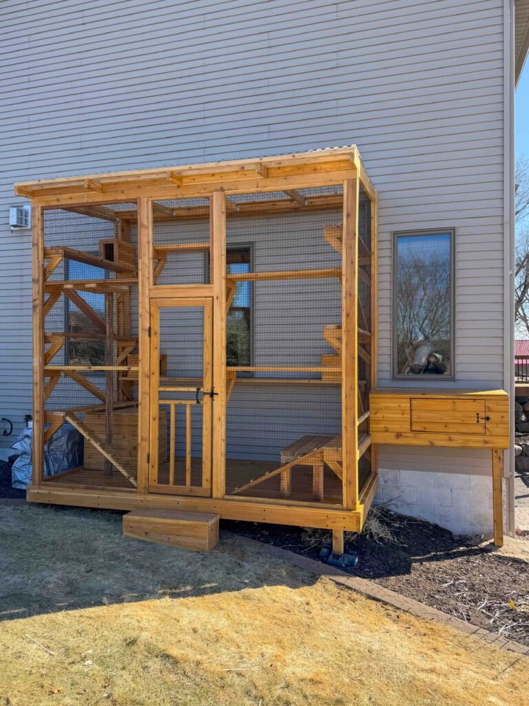 Custom-built outdoor wooden catio attached to a beige home in Great Falls, VA, featuring a spacious enclosure with wire mesh walls, a slanted transparent roof, multiple elevated shelves, ramps, and a secure front door, connected to a window access tunnel.