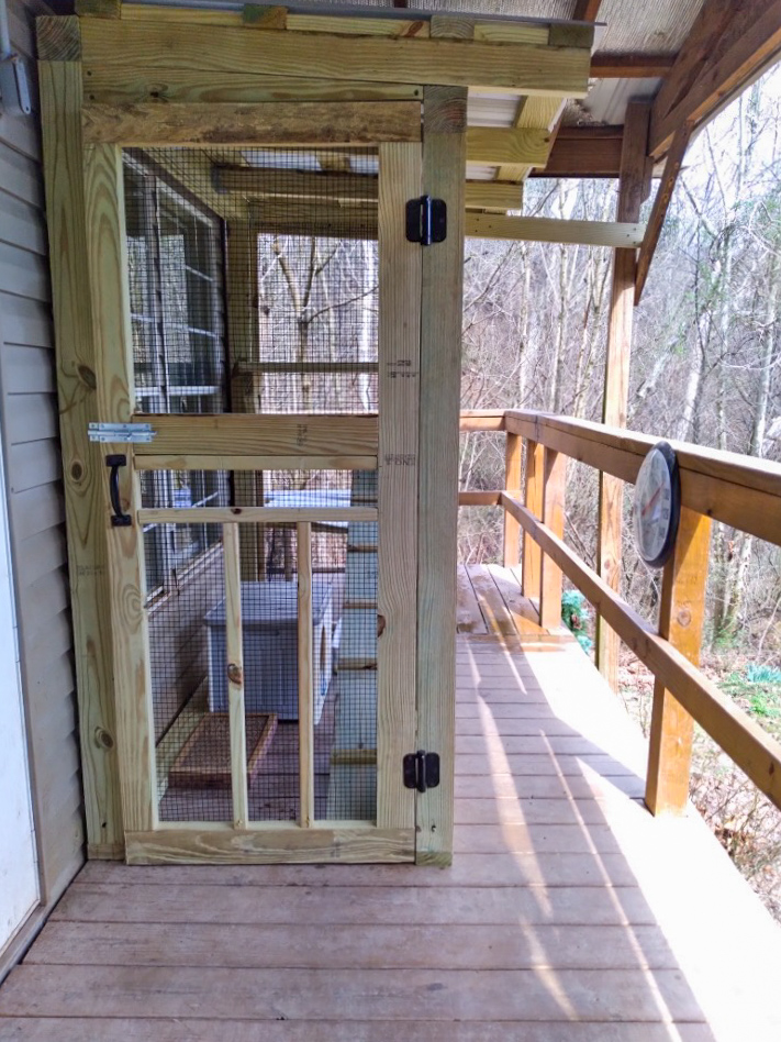 Custom-built wooden catio entry enclosure attached to a home in Fraziers Bottom, West Virginia, featuring a secure screened door with black hinges and latch, vertical wood framing, and wire mesh panels, positioned on a covered wooden deck overlooking a wooded backyard.