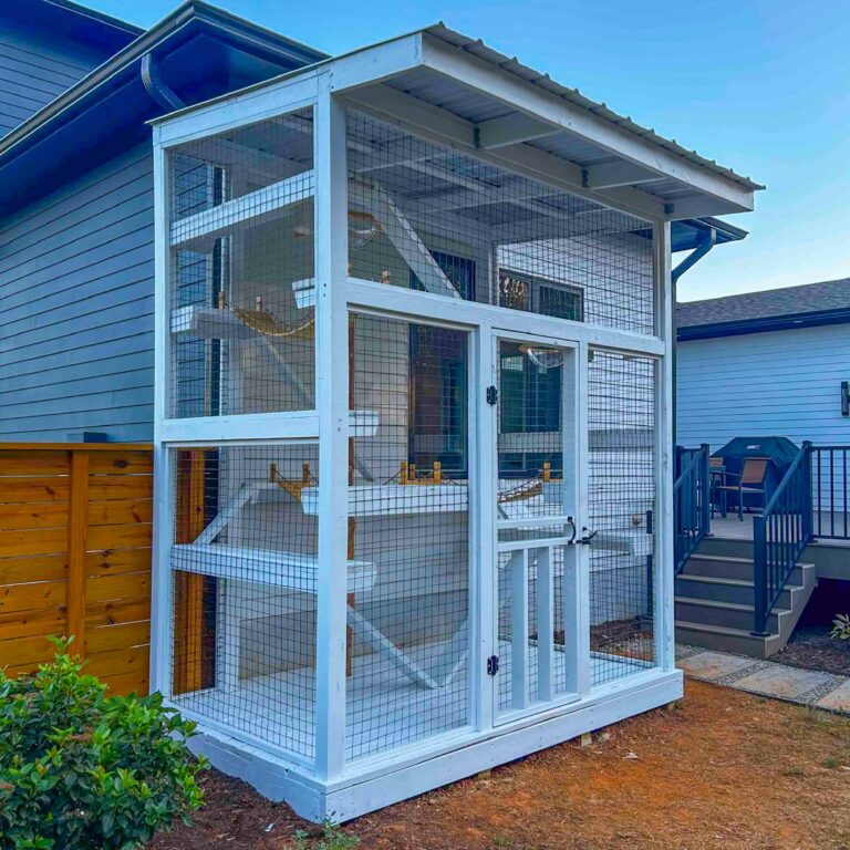 Tall white two-story catio attached to a home with secure wire mesh panels, covered roof, interior ramps and platforms, hammock-style loungers, and a full-height access door.