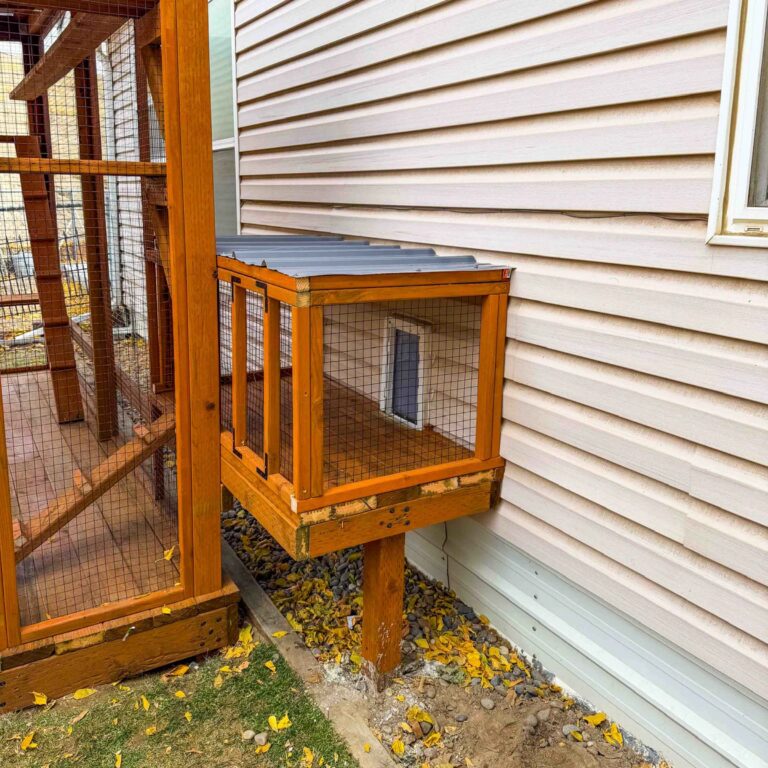 Side view of an elevated catio window tunnel supported by a wooden post, featuring cedar framing, wire mesh sides, and a protective metal roof above a landscaped gravel border.