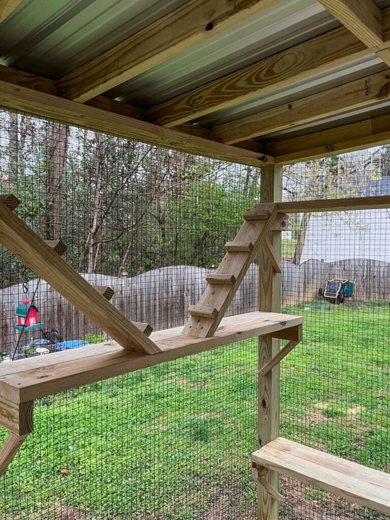 Interior view of a custom catio showing wooden climbing ramps, elevated shelves, and a covered roof structure, overlooking a grassy backyard enclosed by wire mesh for safe outdoor cat activity.