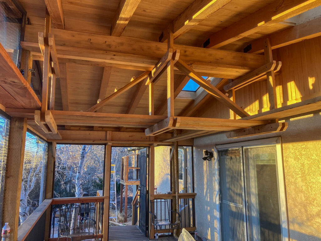 Spacious custom wooden catio interior in Pueblo Colorado featuring multi-level platforms, exposed beam ceiling, natural wood finishes, and enclosed mesh walls attached to a home patio