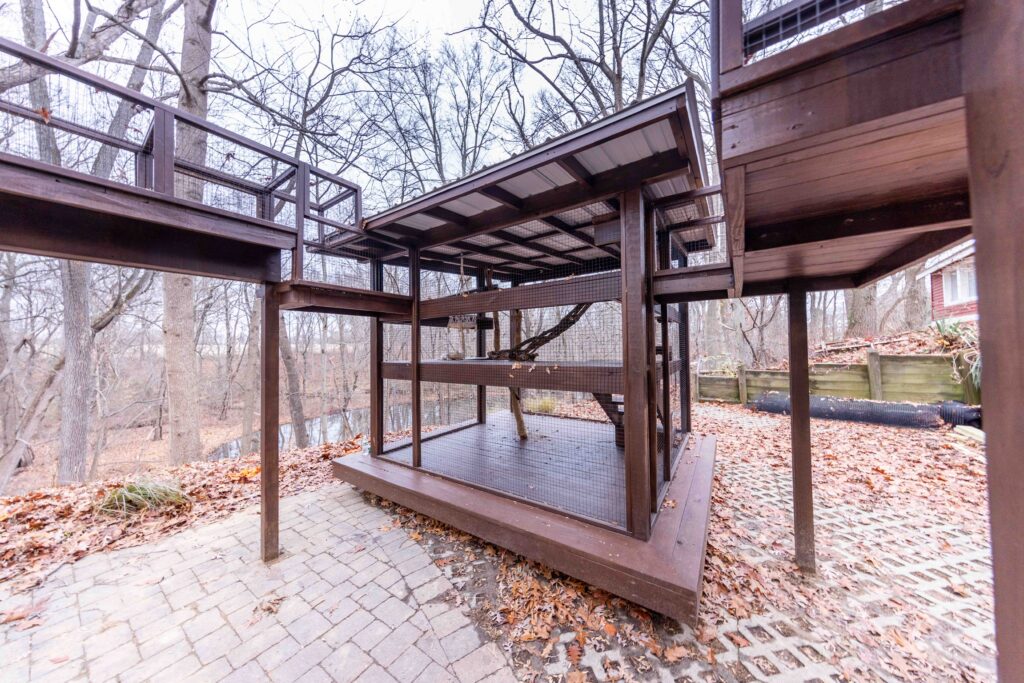 Exterior view of a large custom-built catio in Alpine, New Jersey with multiple levels, a covered roof, enclosed wire mesh walls, elevated platforms, and a connecting cat tunnel extending toward the home in a wooded backyard setting.