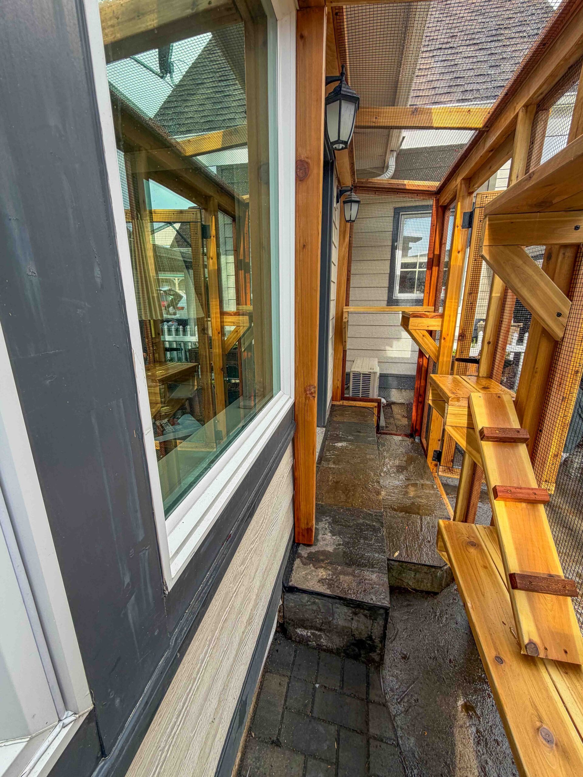 Close-up interior of catio with wooden ramp, multiple platforms, and mesh walls providing a safe vertical climbing environment for cats.