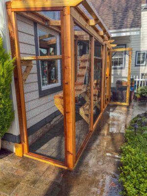 Side view of a long custom catio with multiple mesh panels and interior wooden ramps and platforms attached along the exterior wall of a house.