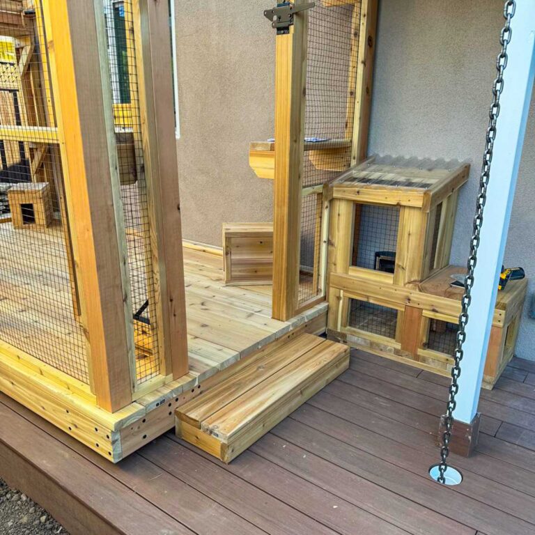 Catio entrance area with wooden step, mesh door, and attached outdoor cat tunnel box connecting to the home exterior.