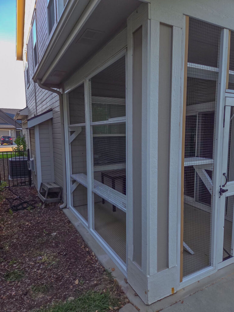 Side-angle view of a custom catio in Boise, Idaho, showcasing floor-to-ceiling wire mesh walls, elevated cat perches, covered construction, and integrated shelving attached directly to the home's exterior.