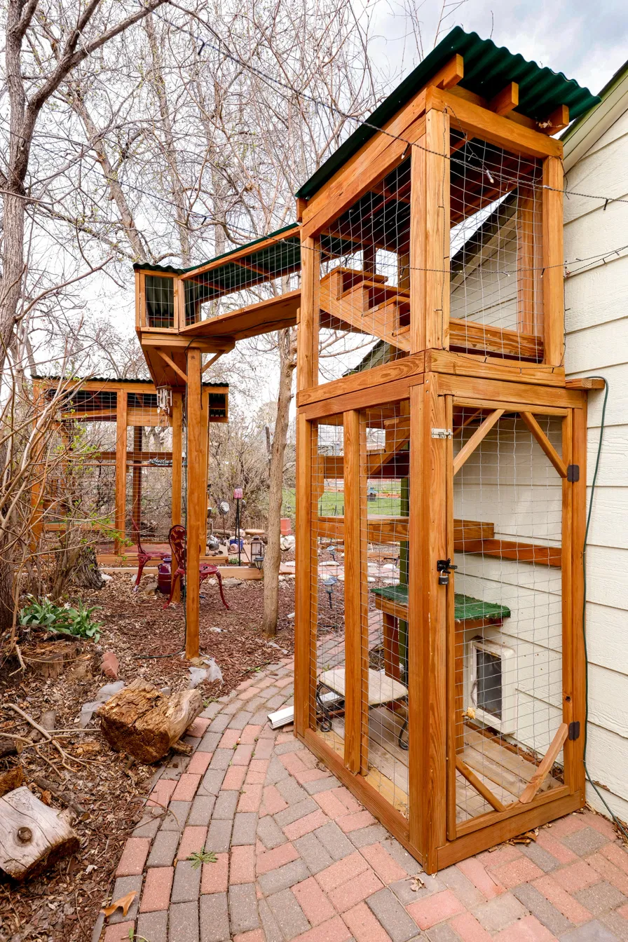 Two-story custom catio tower with elevated cat tunnel bridge
